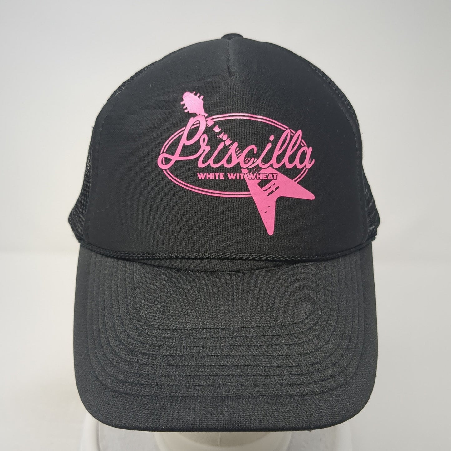 Priscilla White Wit Wheat Trucker Hat Black One Size Adjustable Mesh Back Rope