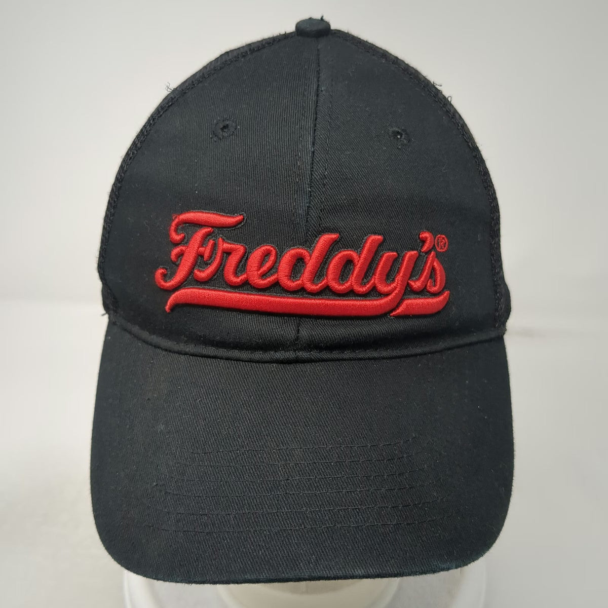 Freddy's Trucker Hat Black One Size Snapback Mesh Back Red Script Logo Graphic