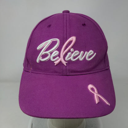 Believe Strapback Hat Purple OSFM Embroidered Pink Ribbon 6 Panel