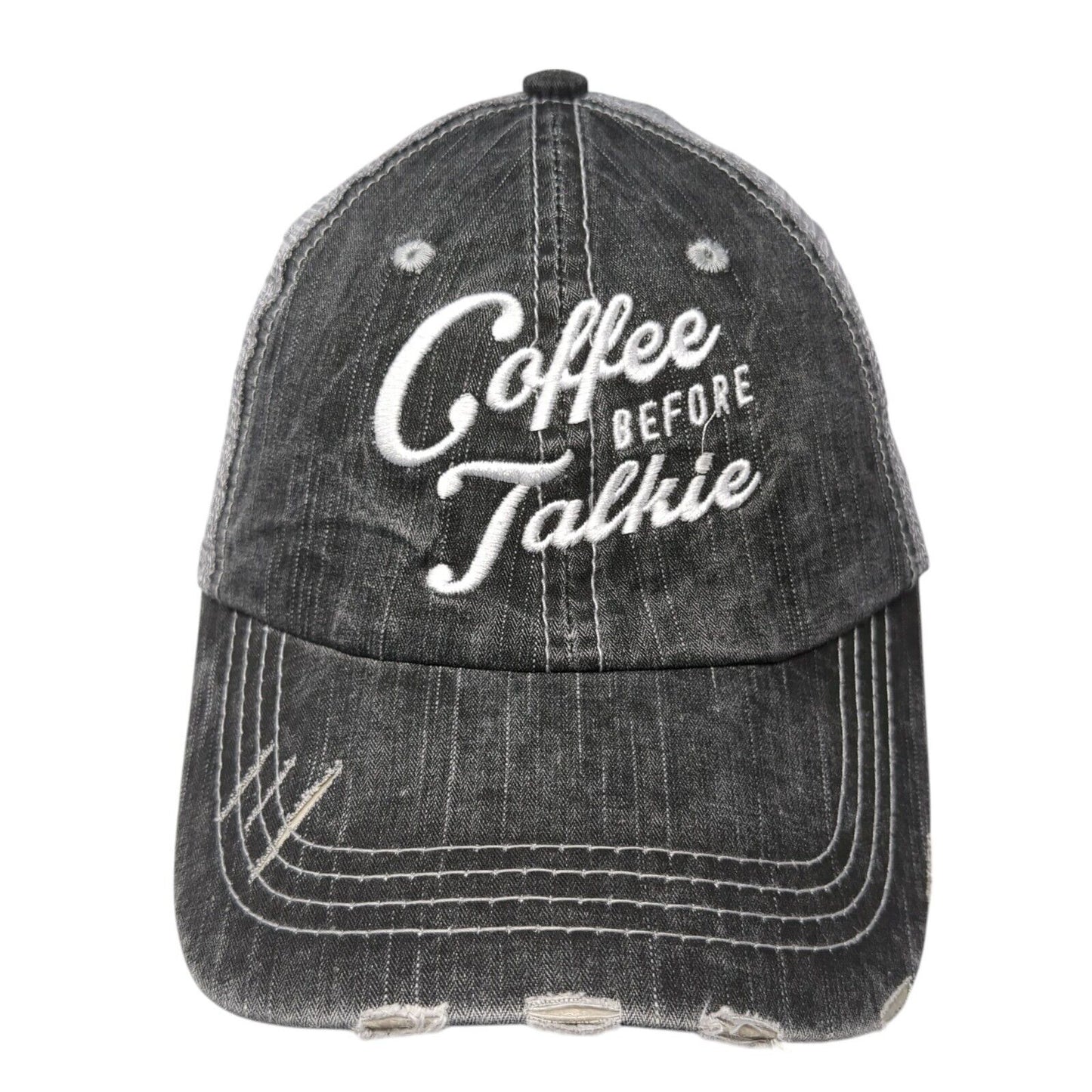 Coffee Before Talkie Strapback Trucker Hat Gray One Size Mesh Back