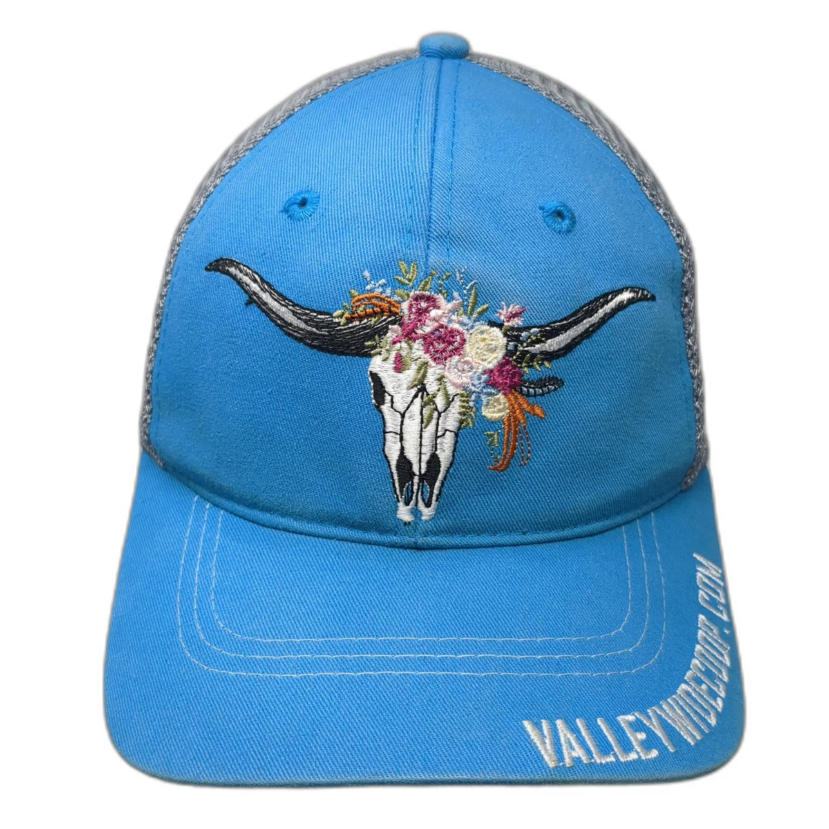 Vie Trucker Hat Blue Gray White One Size Mesh Floral Longhorn Skull Embroidery