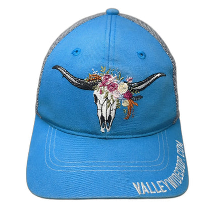 Vie Trucker Hat Blue Gray White One Size Mesh Floral Longhorn Skull Embroidery