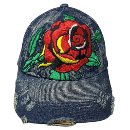 Hattitude 5 Panel Blue One Size Hat Embroidered Rose Distressed Denim Slideback