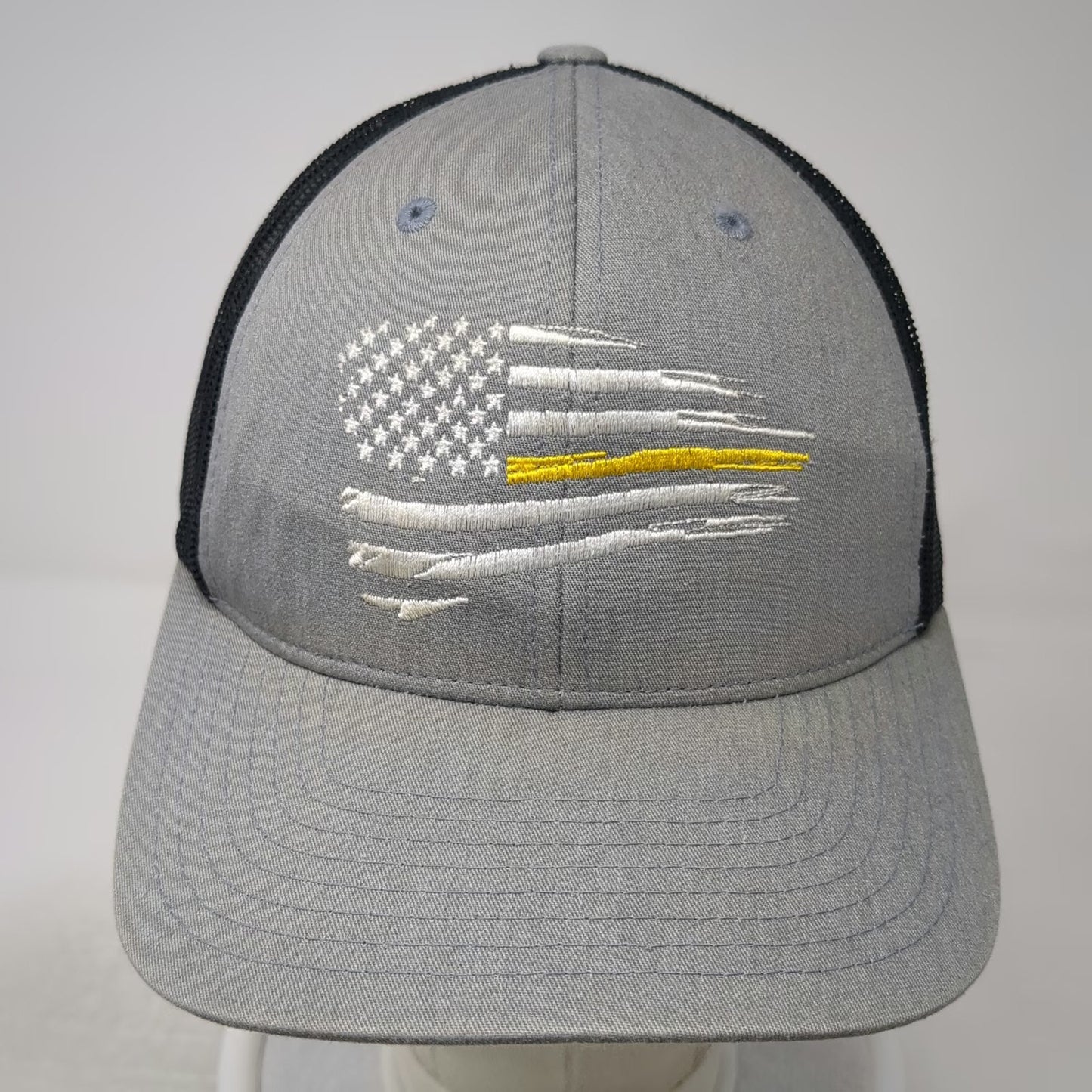Sport-Tek Trucker Hat Gray One Size Mesh Snapback Thin Yellow Line American Flag
