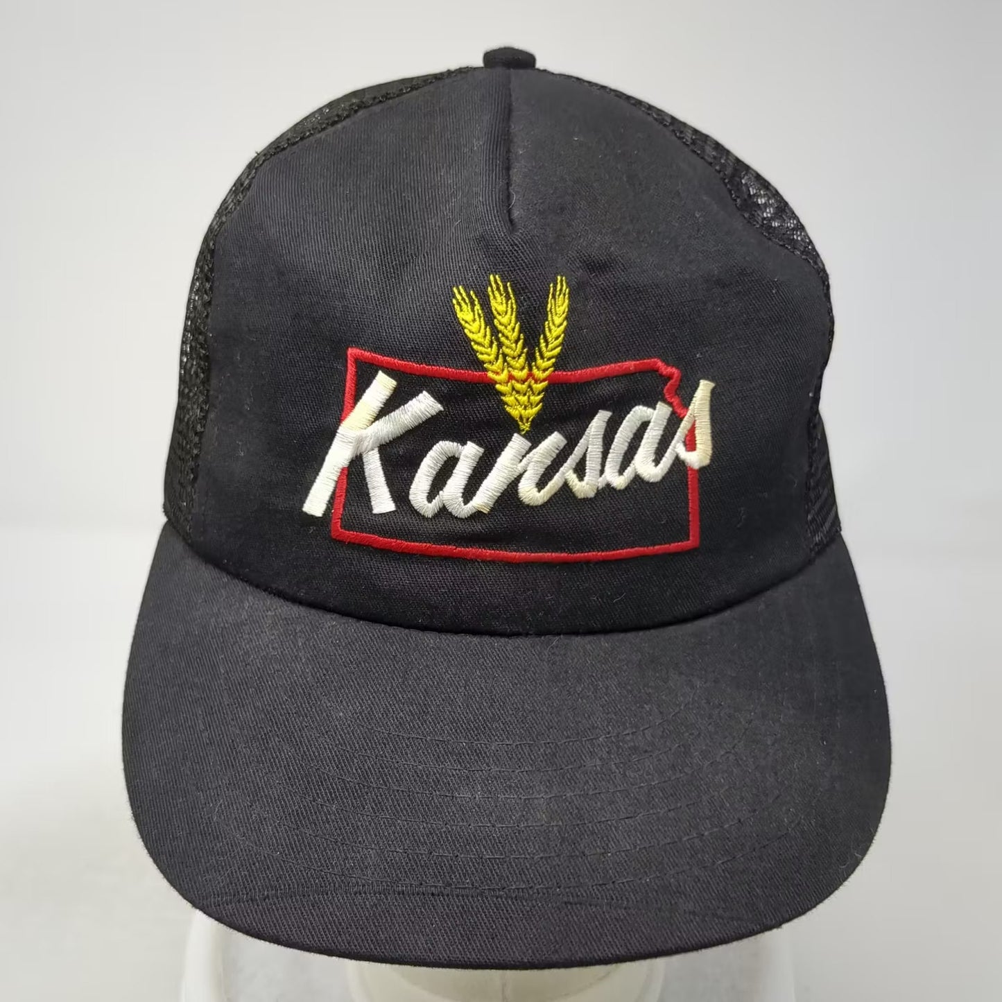 Black Kansas Wheat State Outline Trucker Hat Snapback OS Adjustable USA Vintage