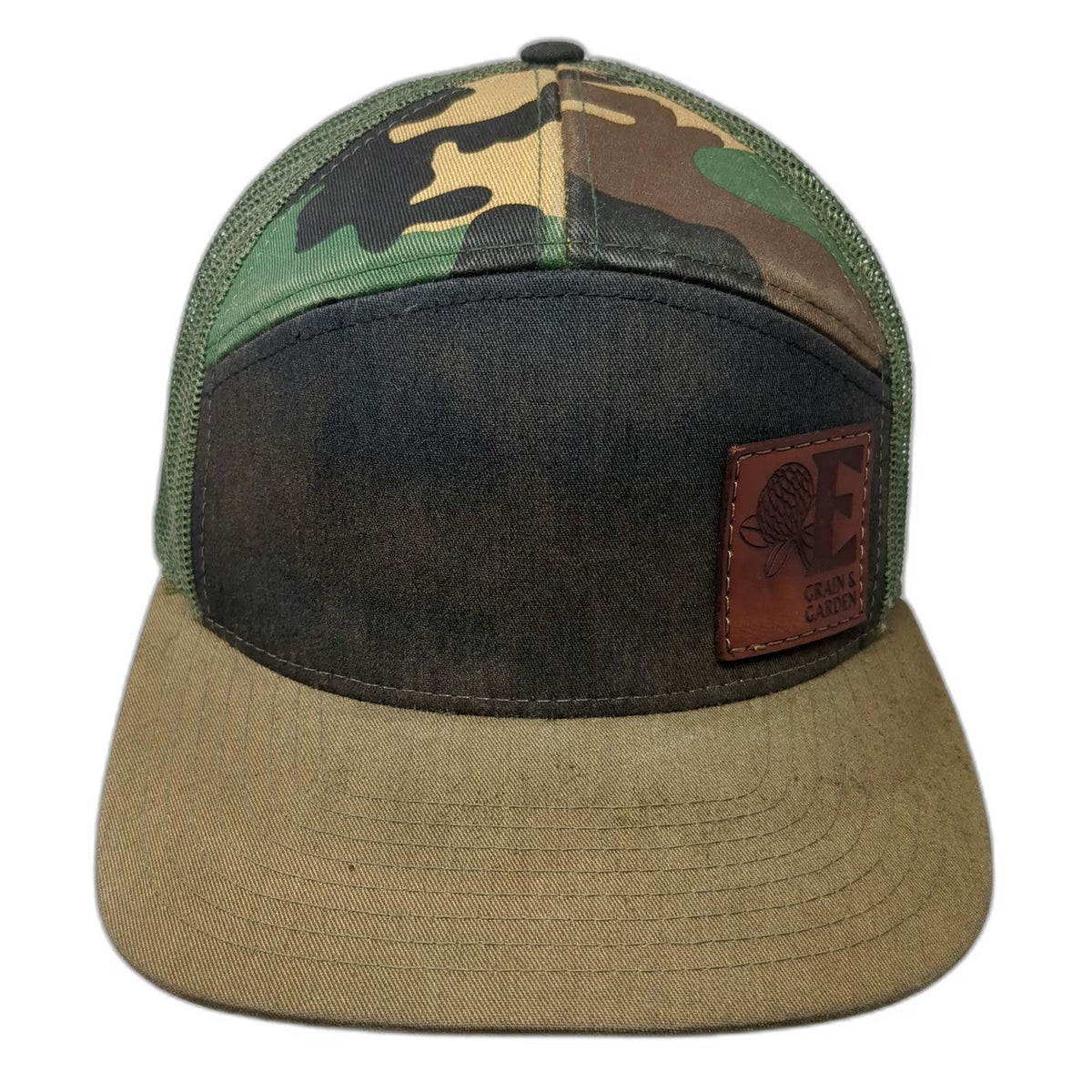 Grain & Garden Trucker Hat Green Camo 7 Panel One Size Leather Patch Snapback