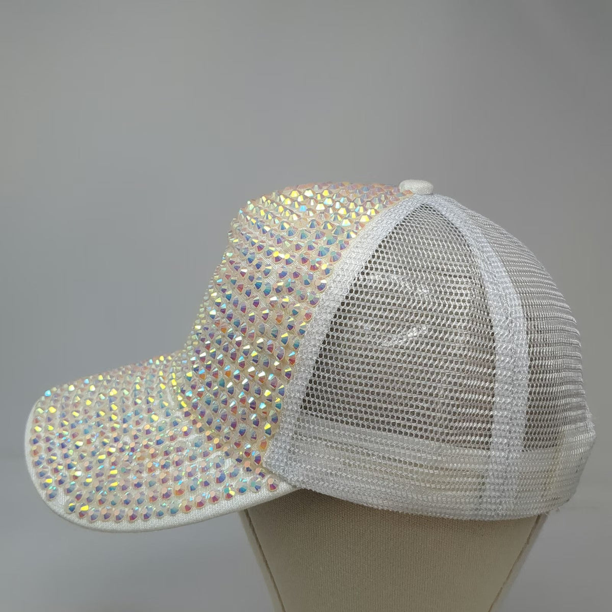 Trucker Hat White One Size Iridescent Rhinestones Gems Mesh Back Snapback Bling