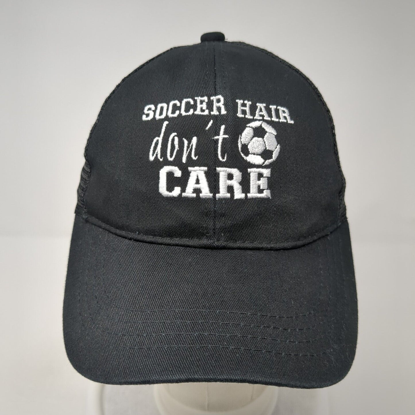 Soccer Hair Don't Care Strapback Trucker Hat Black One Size Ponytail