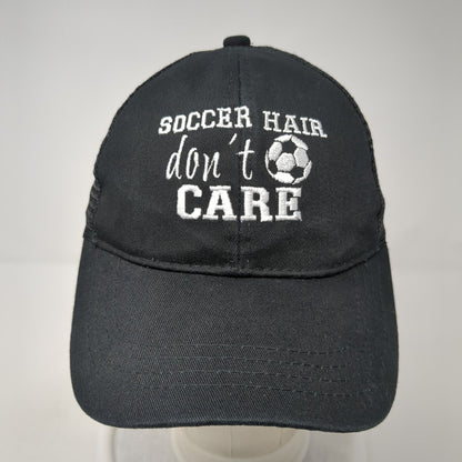 Soccer Hair Don't Care Strapback Trucker Hat Black One Size Ponytail