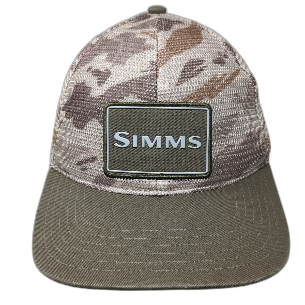 Simms Trucker Hat Green Brown Camo One Size Mesh Snapback Fishing Outdoor Patch