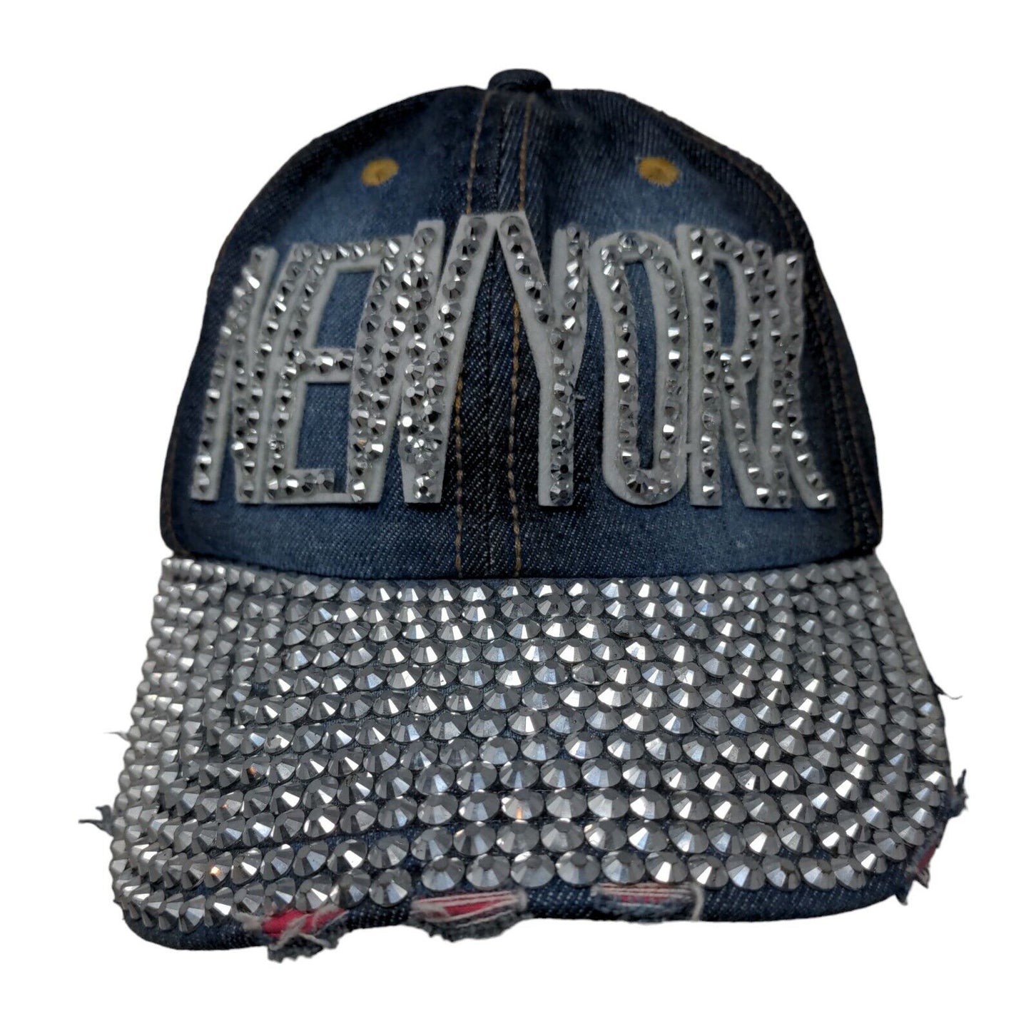 Unbranded Women's Slideback Hat Blue Denim New York Big Bling Rhinestones Cotton