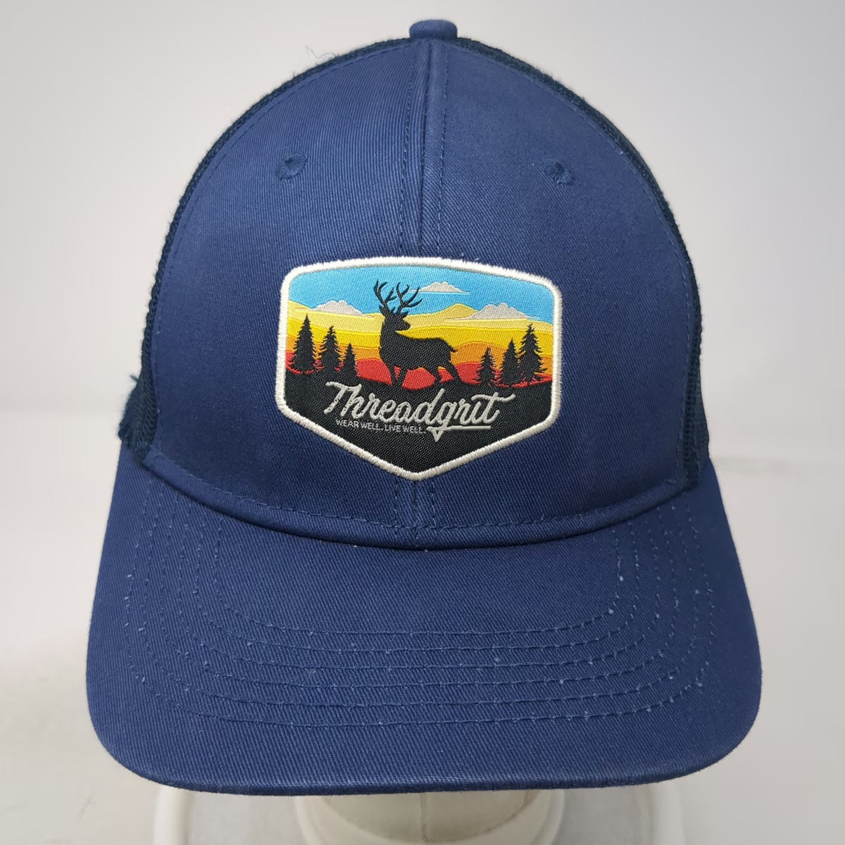 Threadgrit Trucker Hat Blue One Size Deer Patch Mesh Back Snapback Adjustable