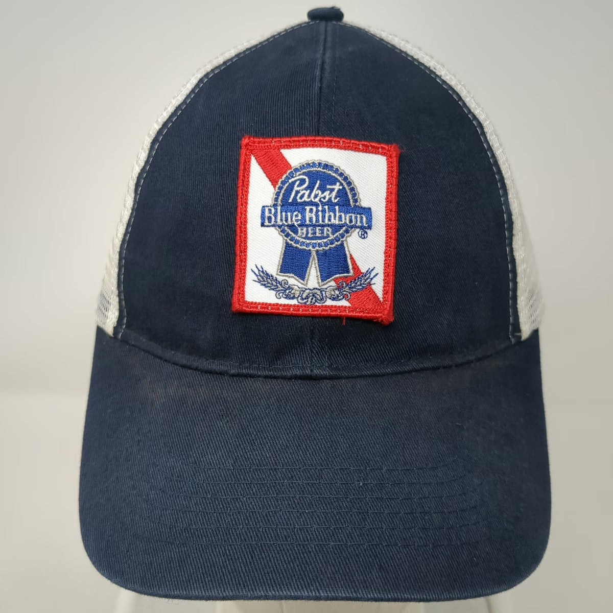 Pabst Blue Ribbon Beer Logo Patch Trucker Hat OSFM Snapback White Mesh Back PBR