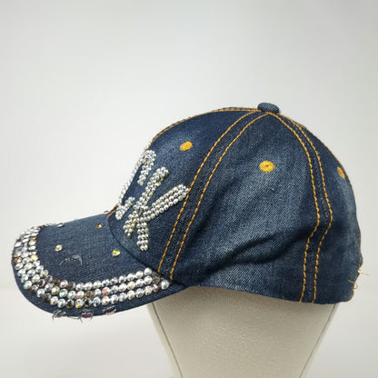 Rock Rhinestone Bling Distressed Blue Baseball Cap One Size Slideback Denim Hat