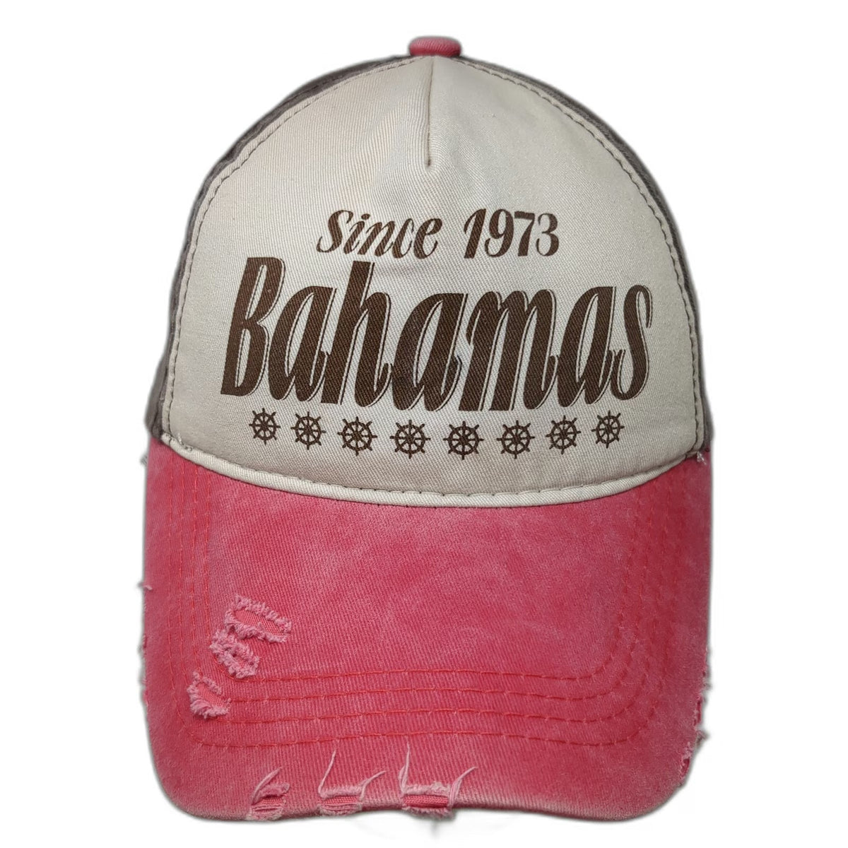 5 Panel Pink Ivory One Size Bahamas Ship Wheel Distressed Cotton Strapback Hat