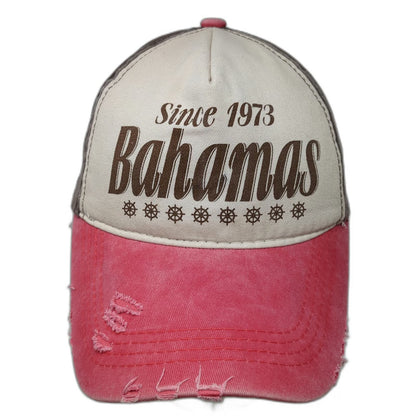5 Panel Pink Ivory One Size Bahamas Ship Wheel Distressed Cotton Strapback Hat