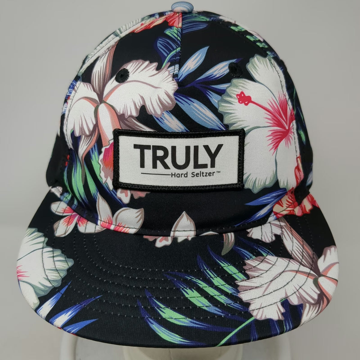 Truly 5 Panel Black Floral Tropical Print One Size Snapback Flat Brim Hat