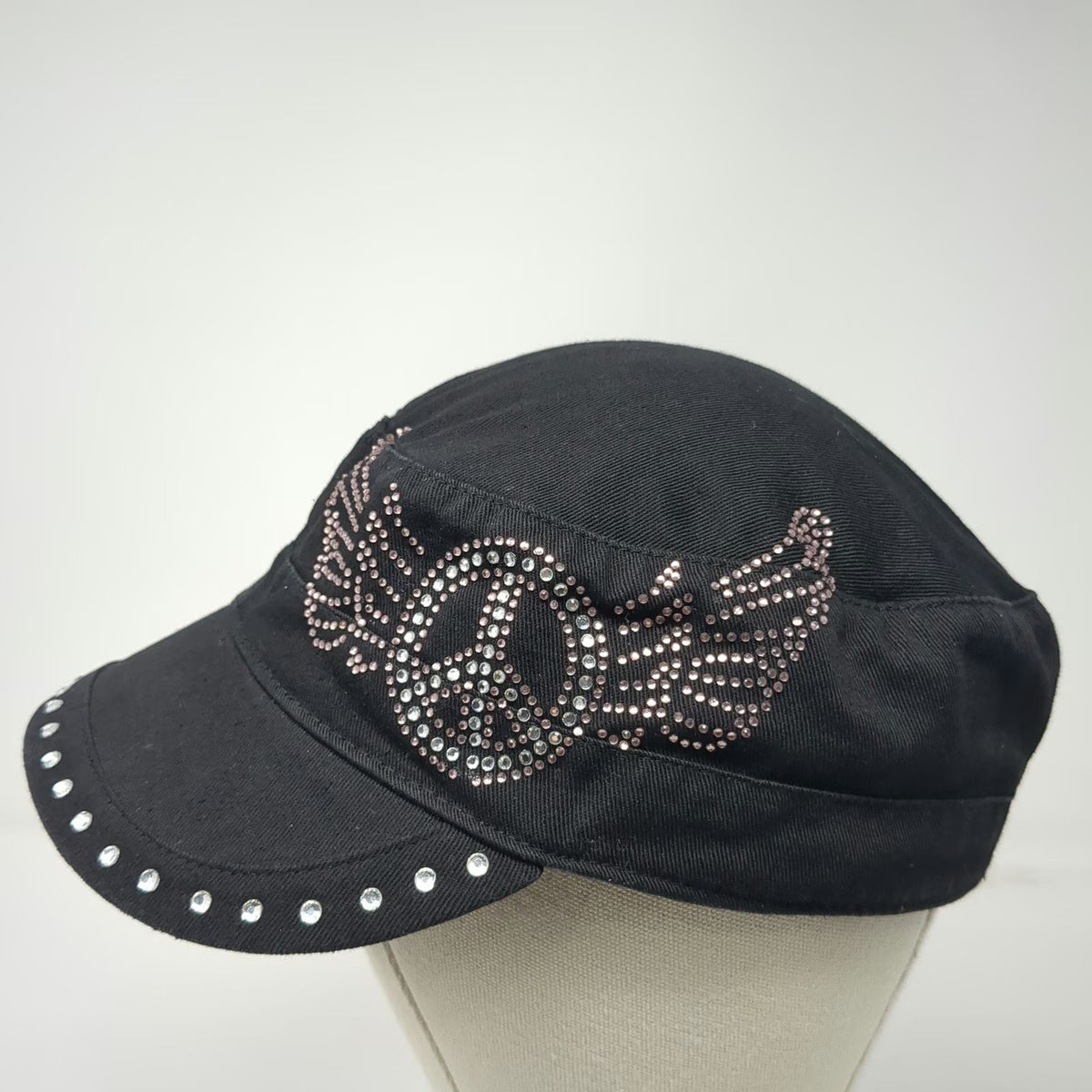 BHW Army Cap Black One Size Rhinestone Peace Sign Wings Studded Brim hat
