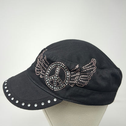 BHW Army Cap Black One Size Rhinestone Peace Sign Wings Studded Brim hat