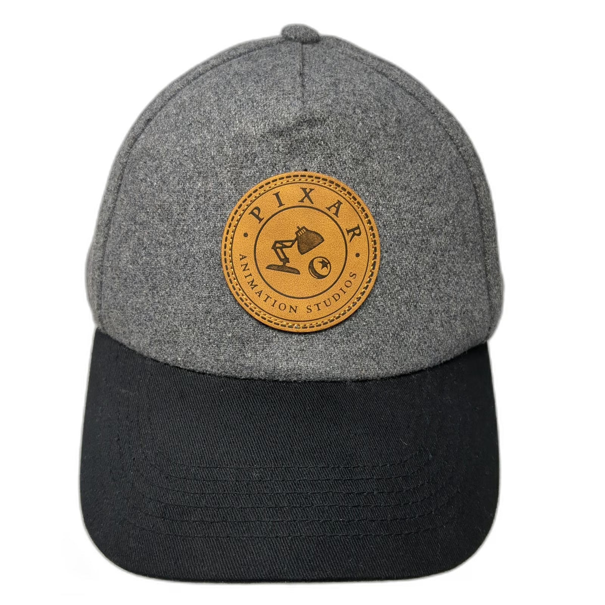 Pixar Animation Studios 5 Panel Gray Hat One Size Leather Patch Slideback Wool