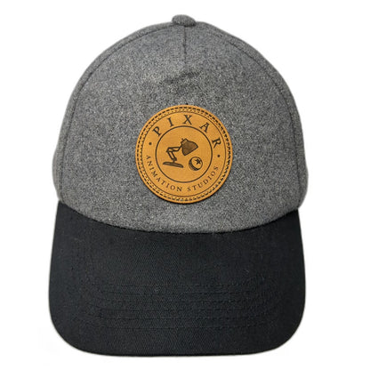 Pixar Animation Studios 5 Panel Gray Hat One Size Leather Patch Slideback Wool