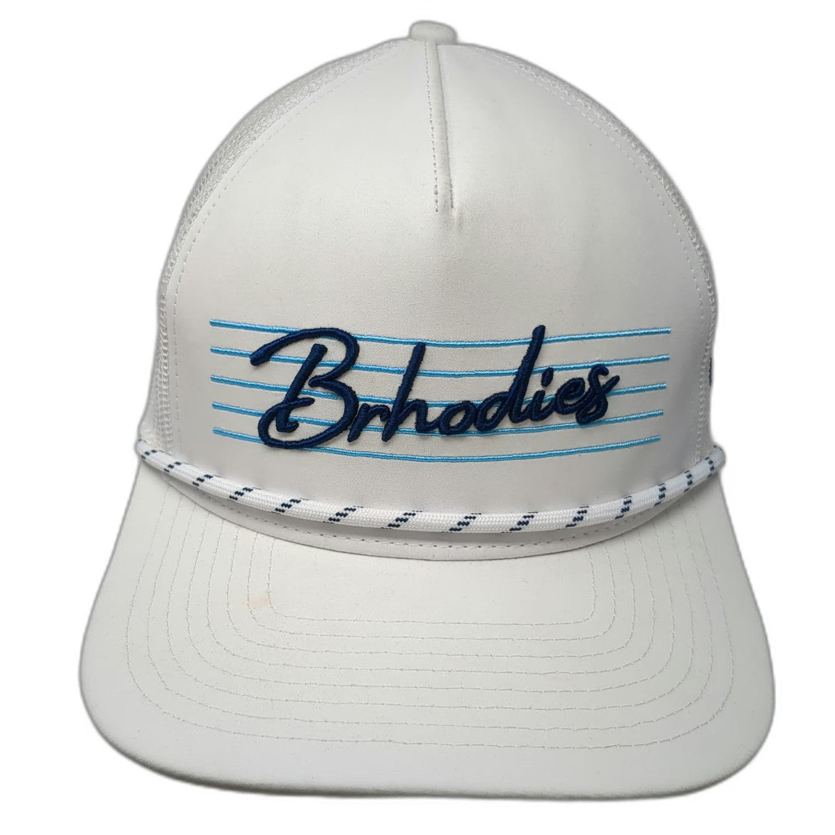 Brhodies White Trucker Hat One Size Mesh Back Snapback Rope 76 Shaka Logo Surf