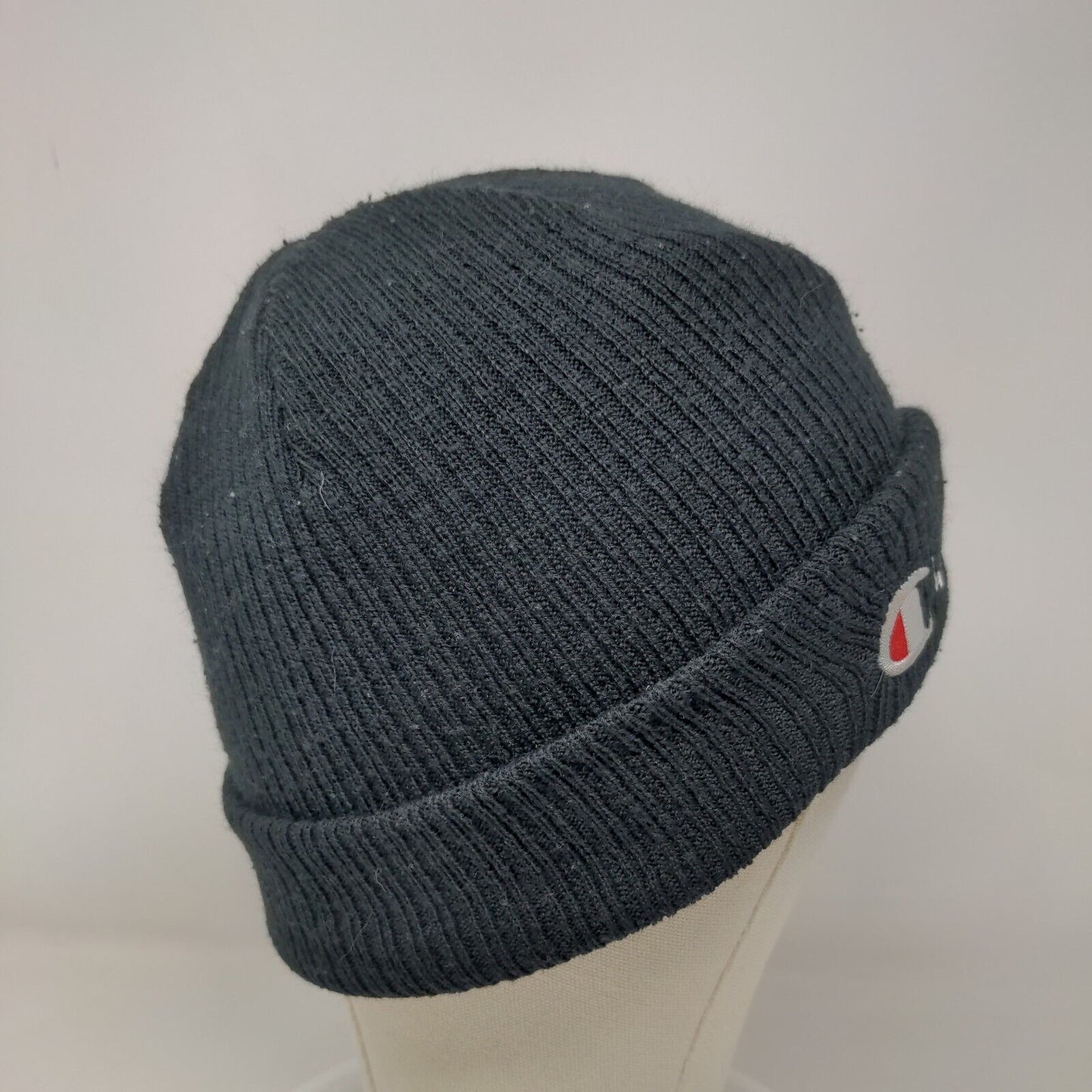 Champion Beanie Hat Black OSFA Stretch Knitted Embroidered Logo Cuffed
