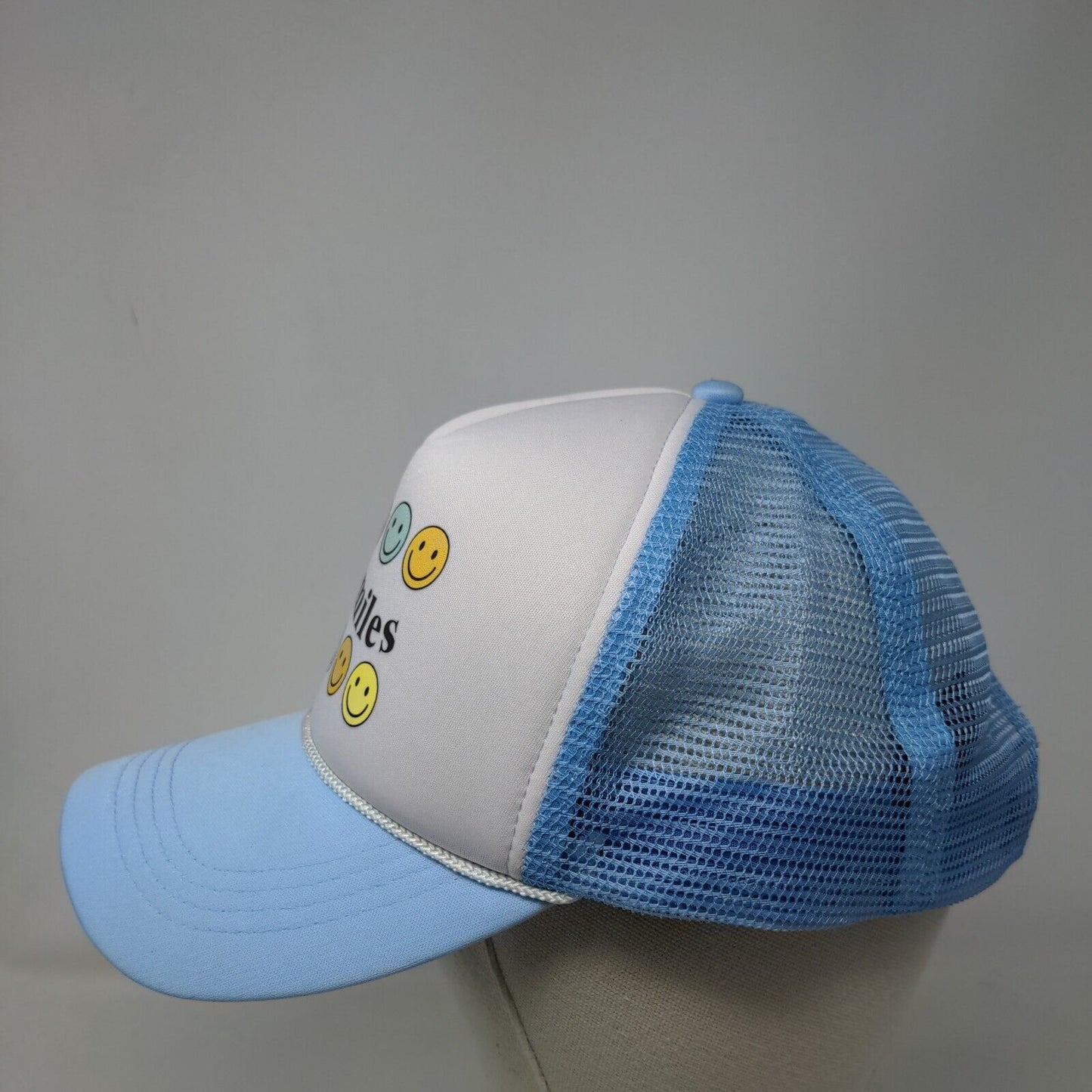 All Smiles Snapback Trucker Hat Blue OSFM Adjustable Mesh Back Rope Polyester
