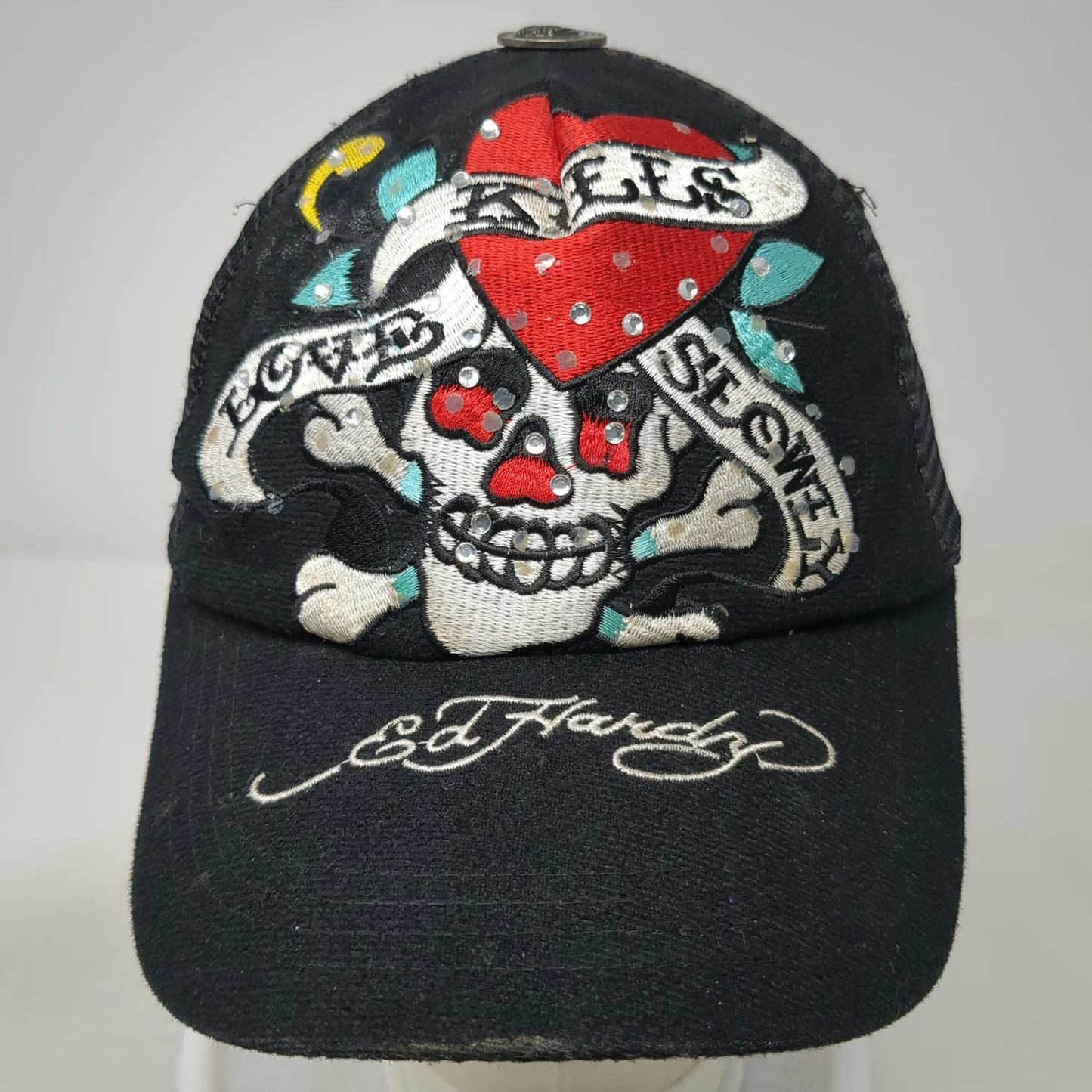 Ed Hardy Trucker Hat Black One Size Rhinestone Skull Heart Tattoo Graphic