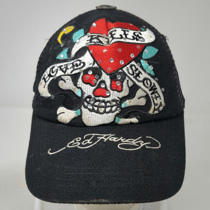 Ed Hardy Trucker Hat Black One Size Rhinestone Skull Heart Tattoo Graphic