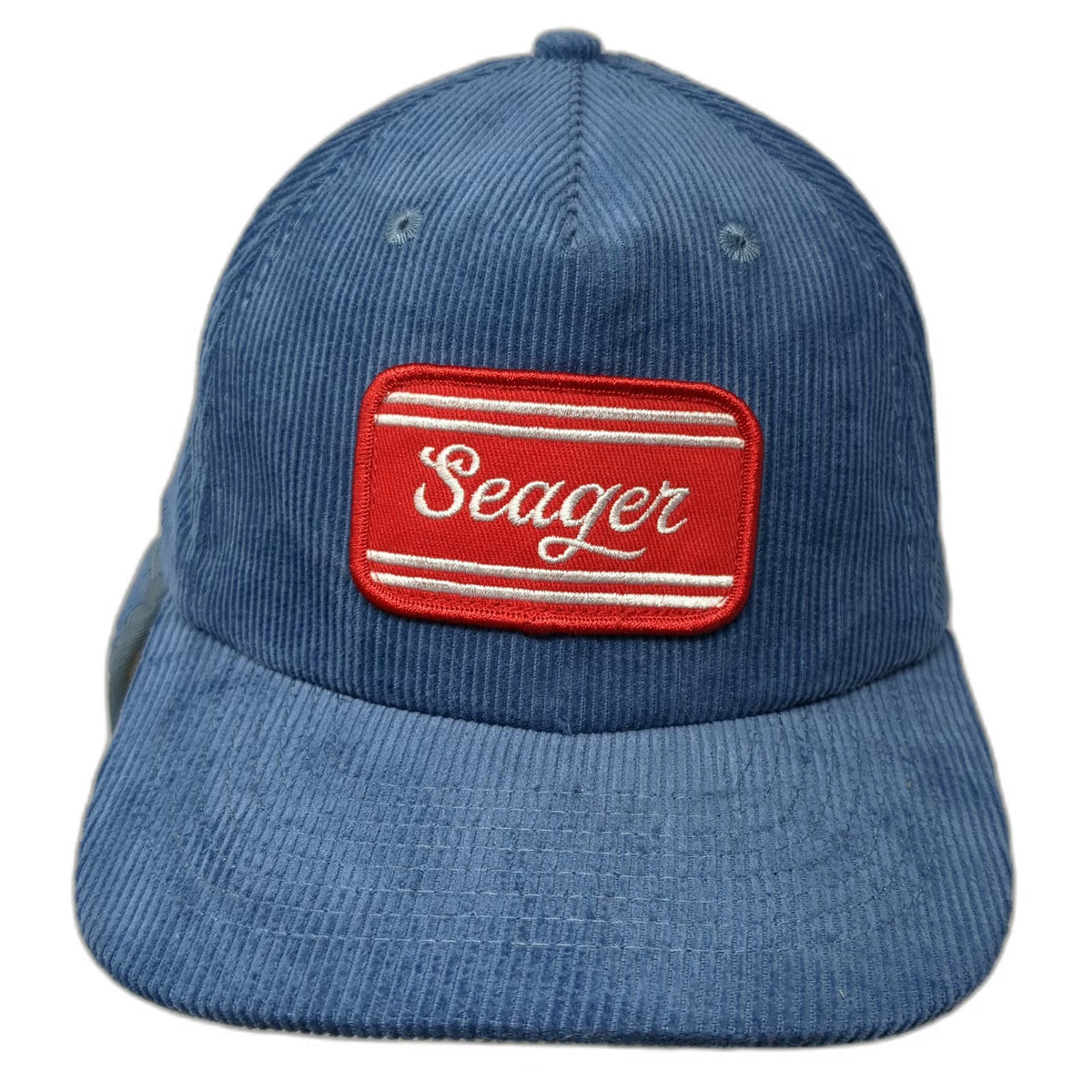 Seager 5 Panel Blue Hat One Size Corduroy Ear Flaps Sherpa Lined Script Patch