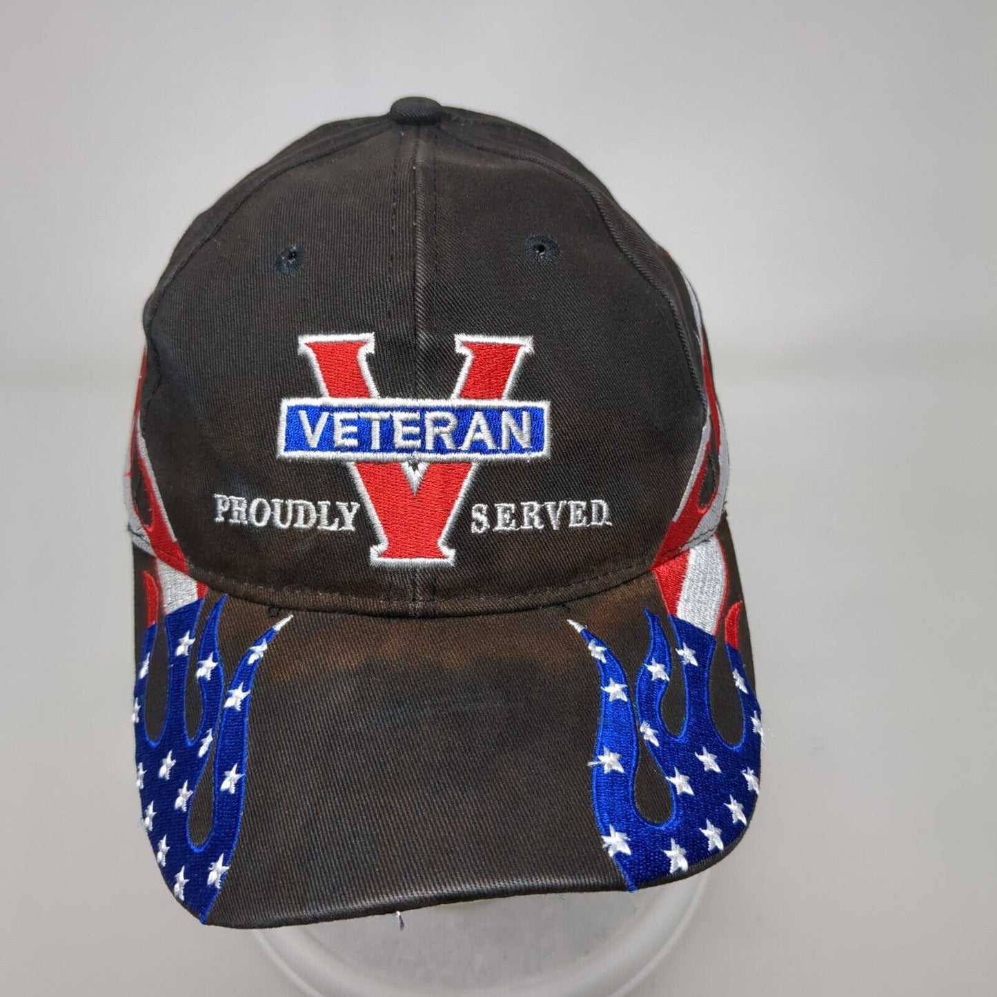 Veteran Proudly Served Strapback Hat Black OSFM Adjustable Embroidered