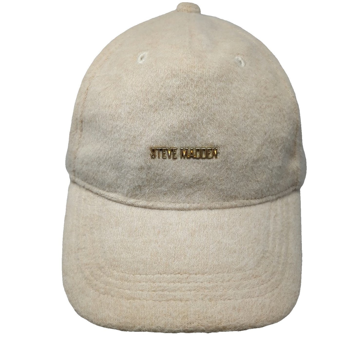 Steve Madden 5 Panel Beige Hat One Size Gold Metal Logo Satin Lined Textured