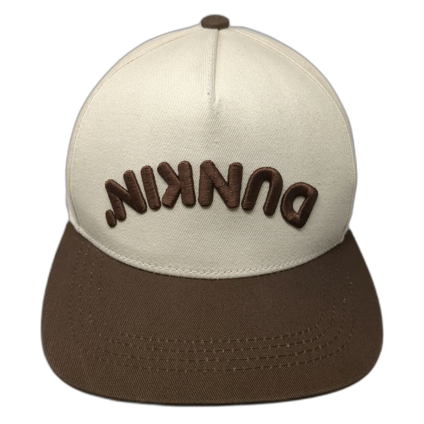 Dunkin' 5 Panel Hat Beige One Size Snapback Upside Down Logo Brown Brim Est 1950