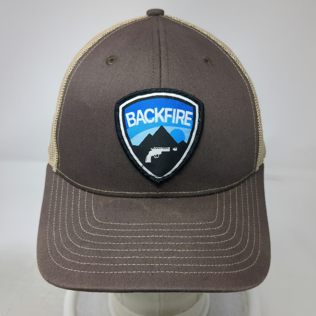 Richardson Trucker Hat Brown One Size Backfire Mountain Pistol Patch Snapback