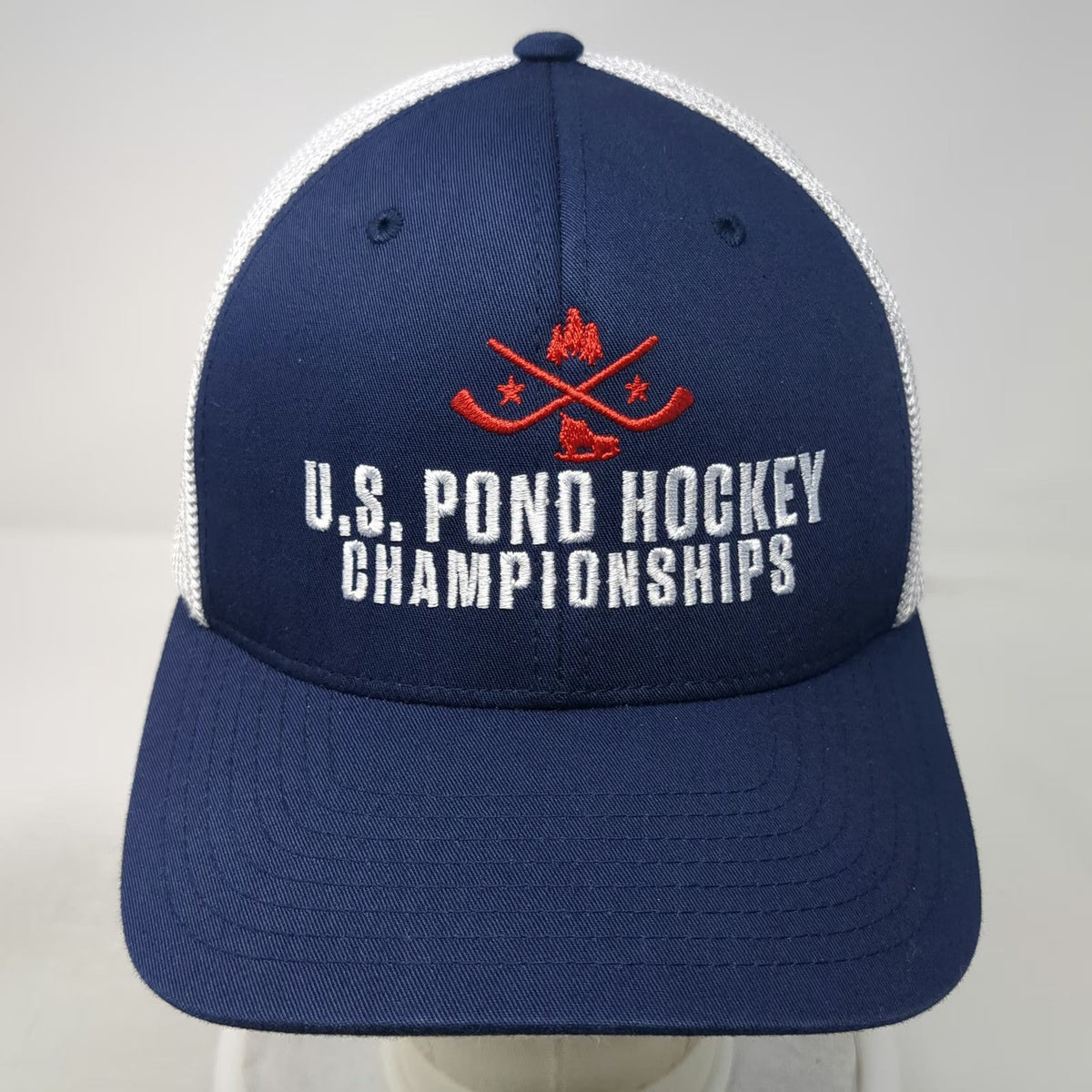 Port Authority Baseball Cap Blue White Red XL Mesh Back Flexfit Pond Hockey Hat