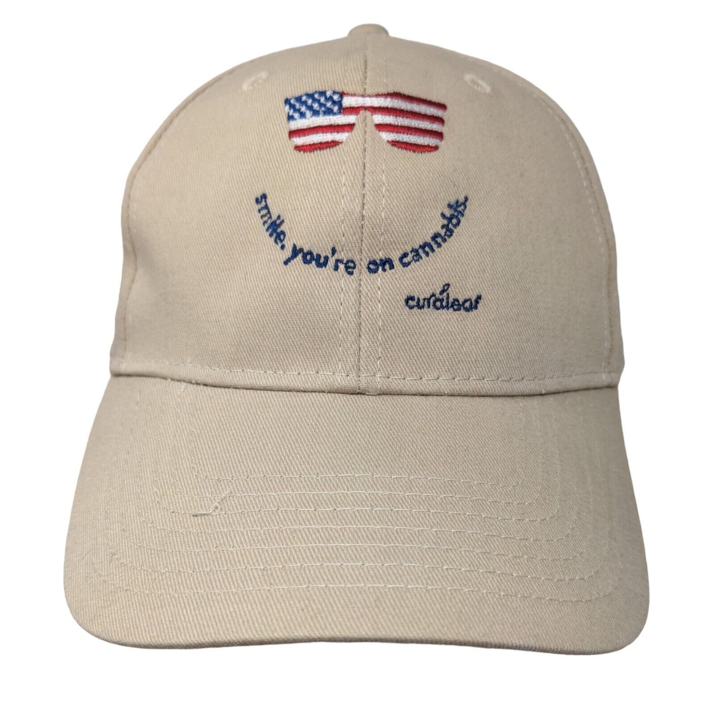 Smile You're On Cannabis Strapback Hat Tan OSFM American Flag Glasses