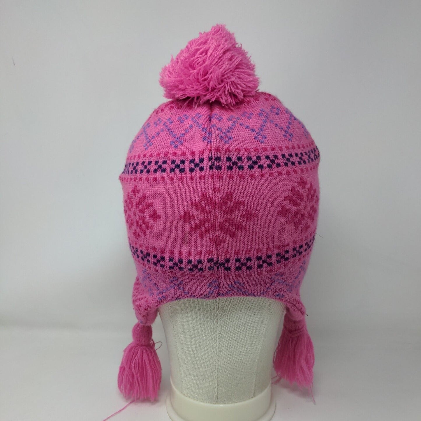 Disney Frozen Knit Pom Pom Beanie Hat Pink One Size Ear Flap Fair Isle