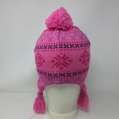 Disney Frozen Knit Pom Pom Beanie Hat Pink One Size Ear Flap Fair Isle