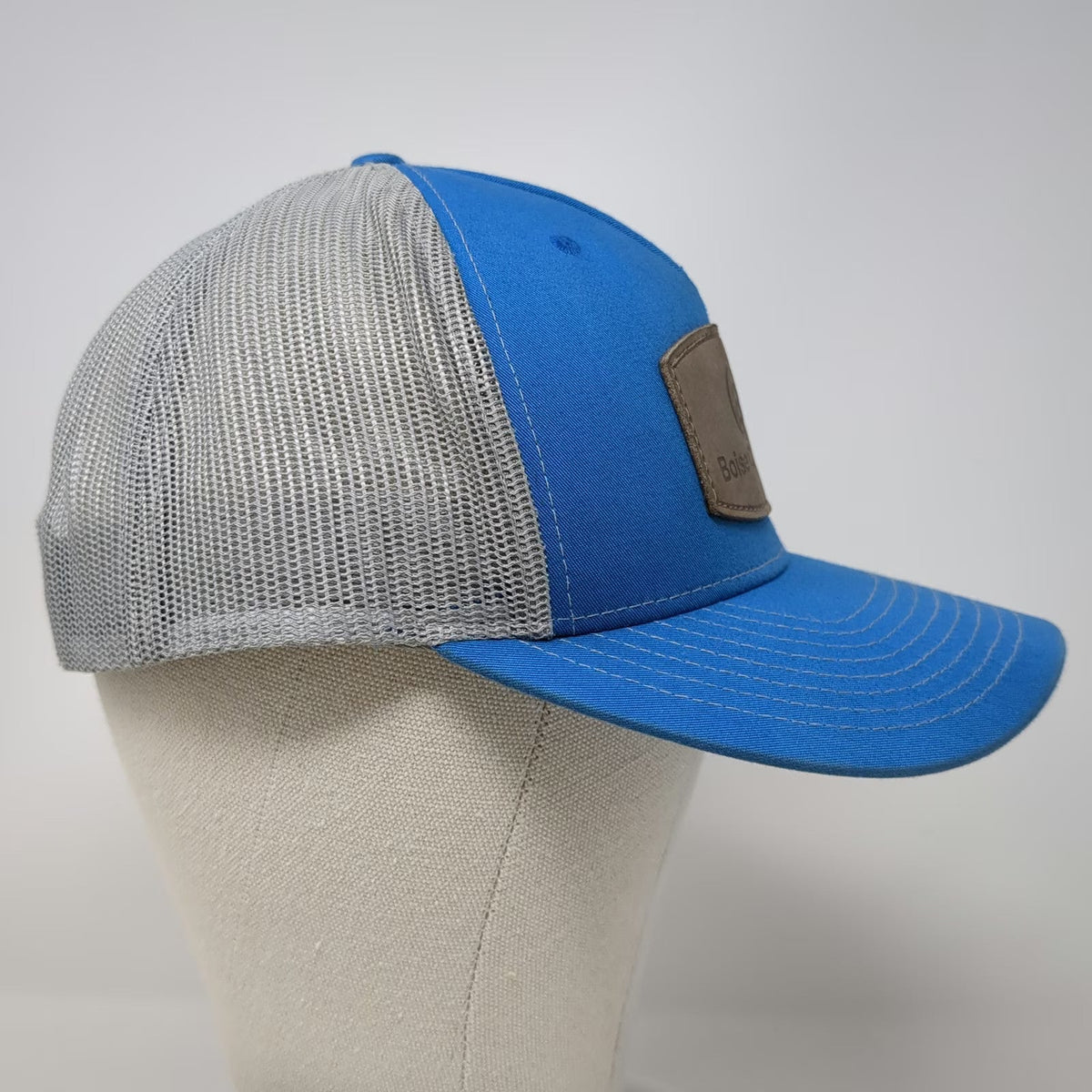 Richardson Trucker Hat Blue One Size Boise Cascade Leather Patch Mesh Gray Brown