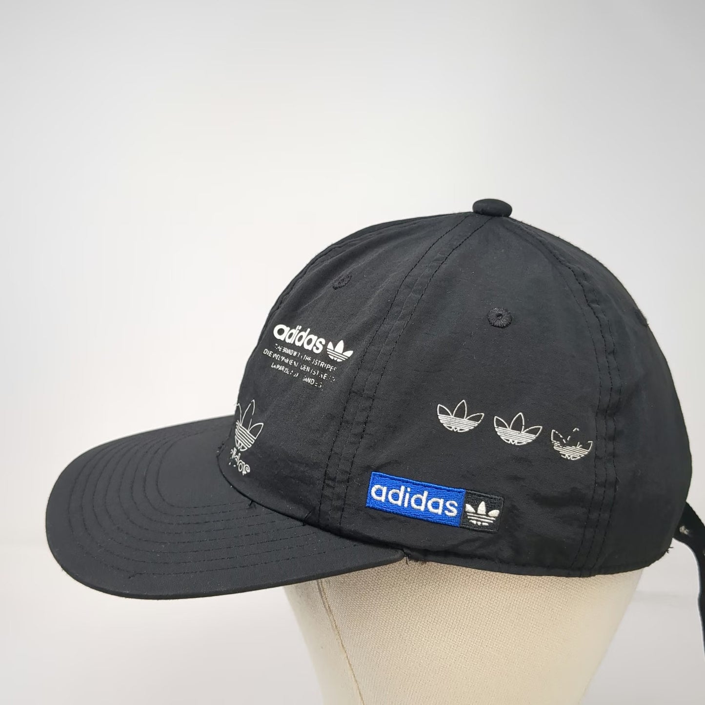 Adidas Black One Size Baseball Cap Nylon Hat Multiple Trefoil Logos 3 Stripes