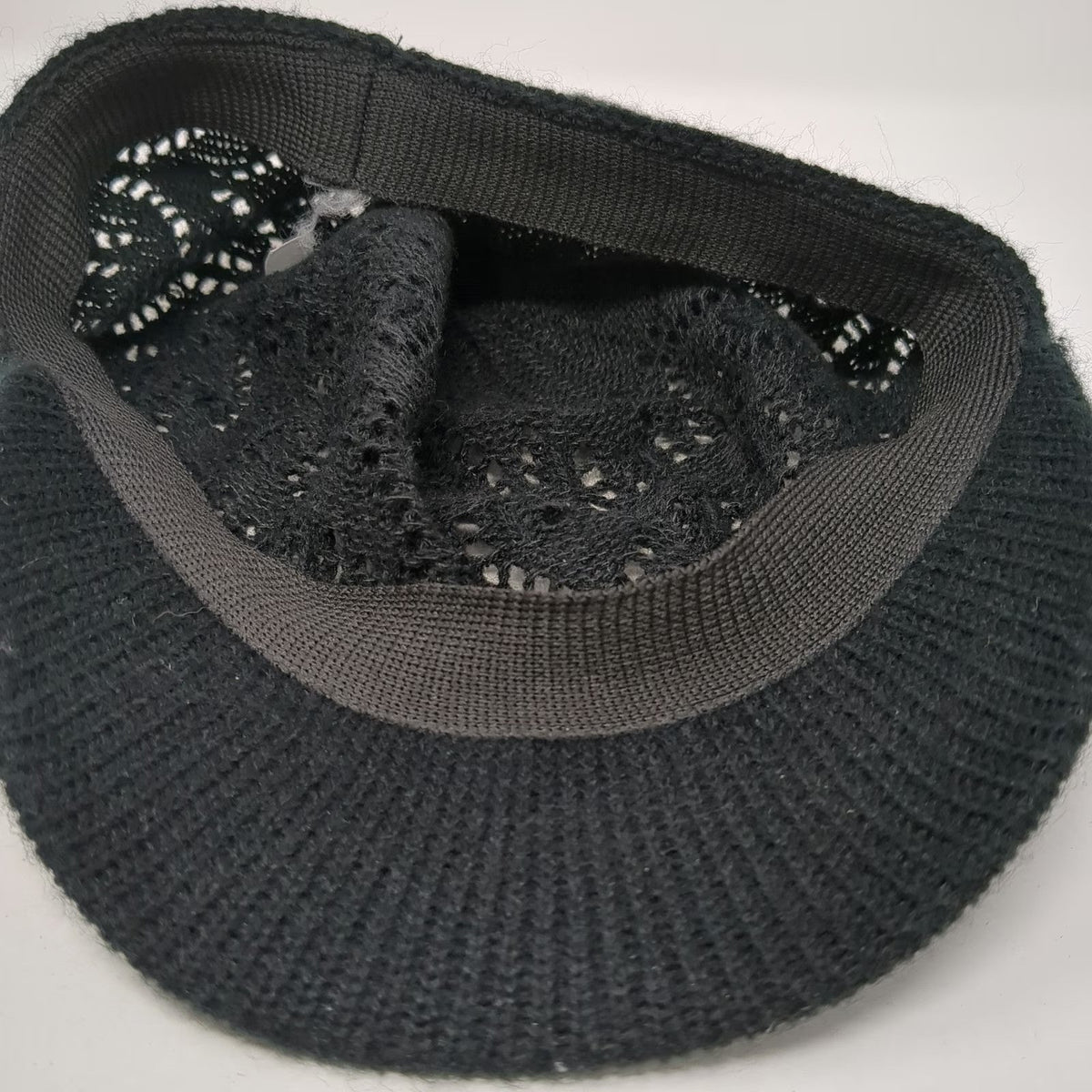 Black Army Cap One Size Knit Pointelle Chevron Pattern Ribbed Brim Soft Warm Hat