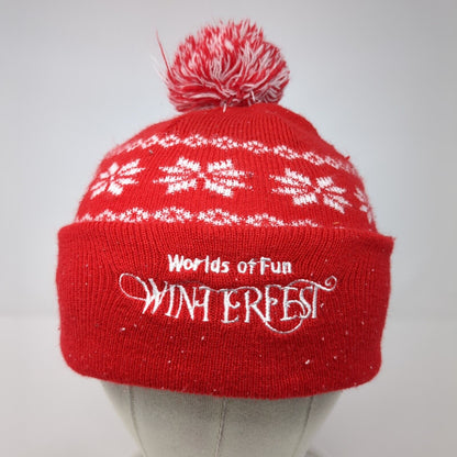Worlds of Fun Winterfest Knit Pom Pom Beanie Hat Red One Size Fair Isle
