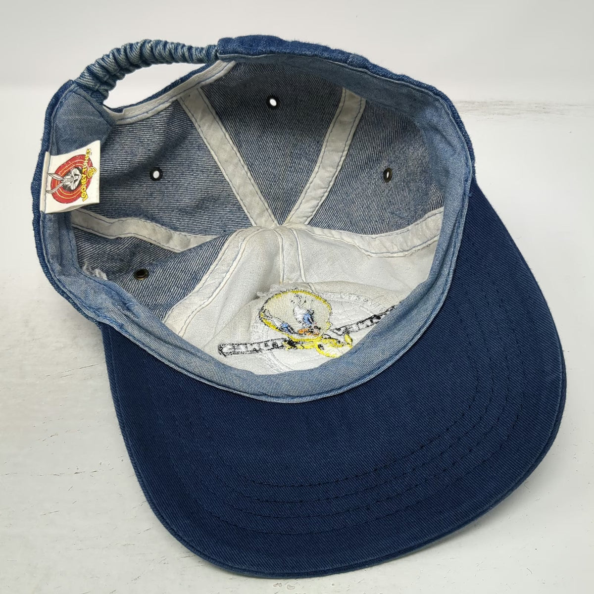 Looney Tunes Tweety Bird Blue Denim Baseball Cap Strapback Elastic Hat Vintage