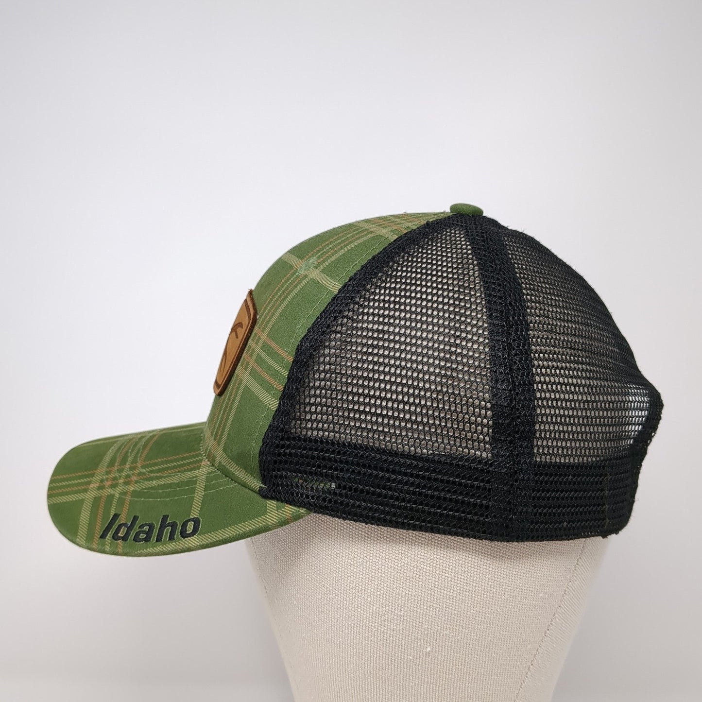 Fishing Leather Patch Idaho Snapback Trucker Hat Green One Size Plaid