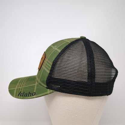 Fishing Leather Patch Idaho Snapback Trucker Hat Green One Size Plaid