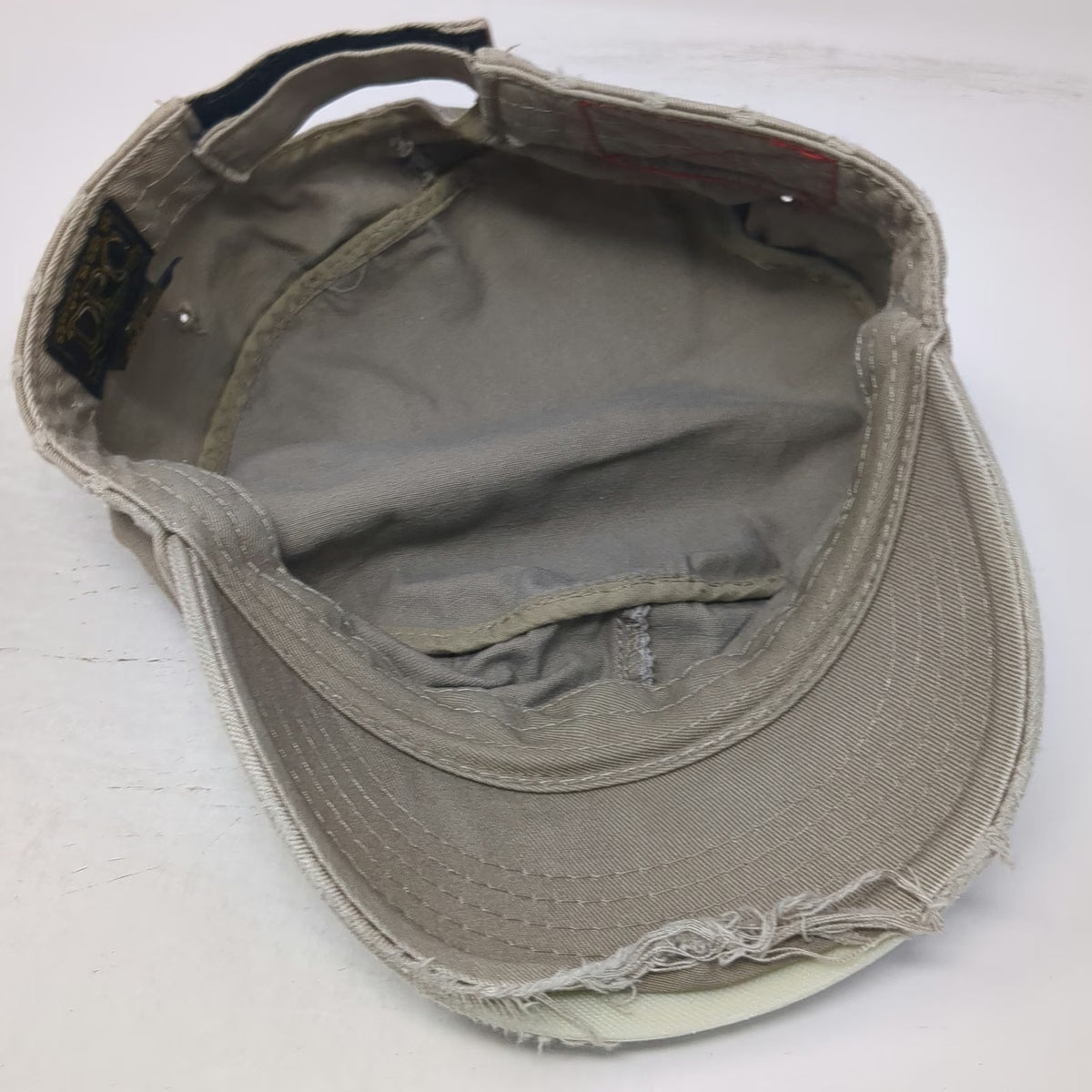 DPC Army Cap Beige One Size Frayed Brim Red Cross Stitch Cotton Twill Hat