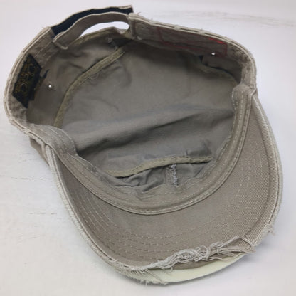 DPC Army Cap Beige One Size Frayed Brim Red Cross Stitch Cotton Twill Hat