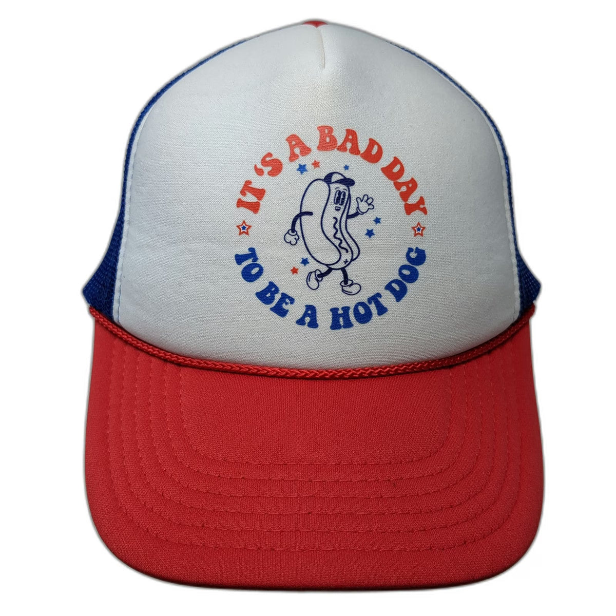 OTTO Trucker Hat White Blue Red One Size Hot Dog Graphic Foam Mesh Snapback