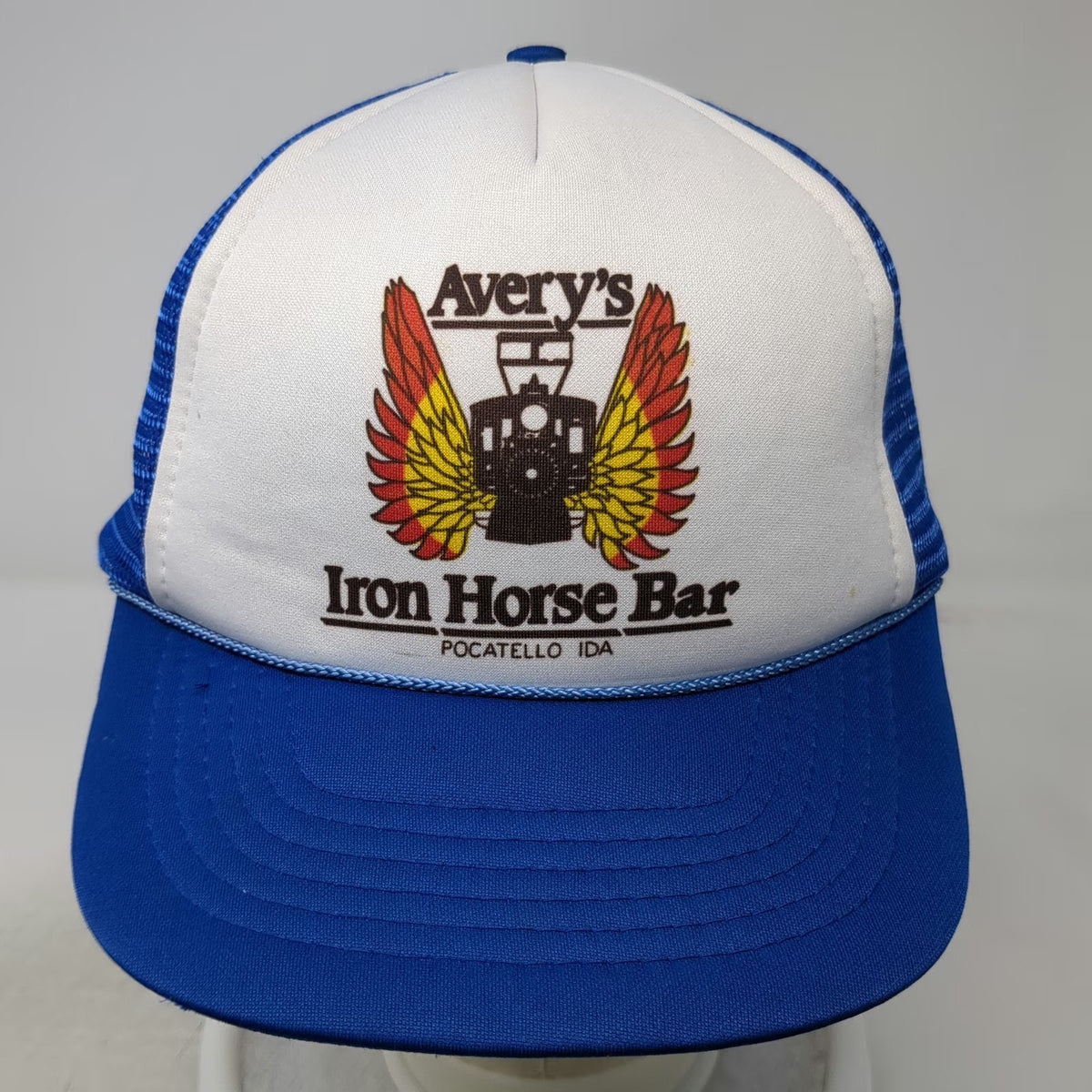 Blue White Trucker Hat One Size Mesh Snapback Avery's Iron Horse Bar Pocatello
